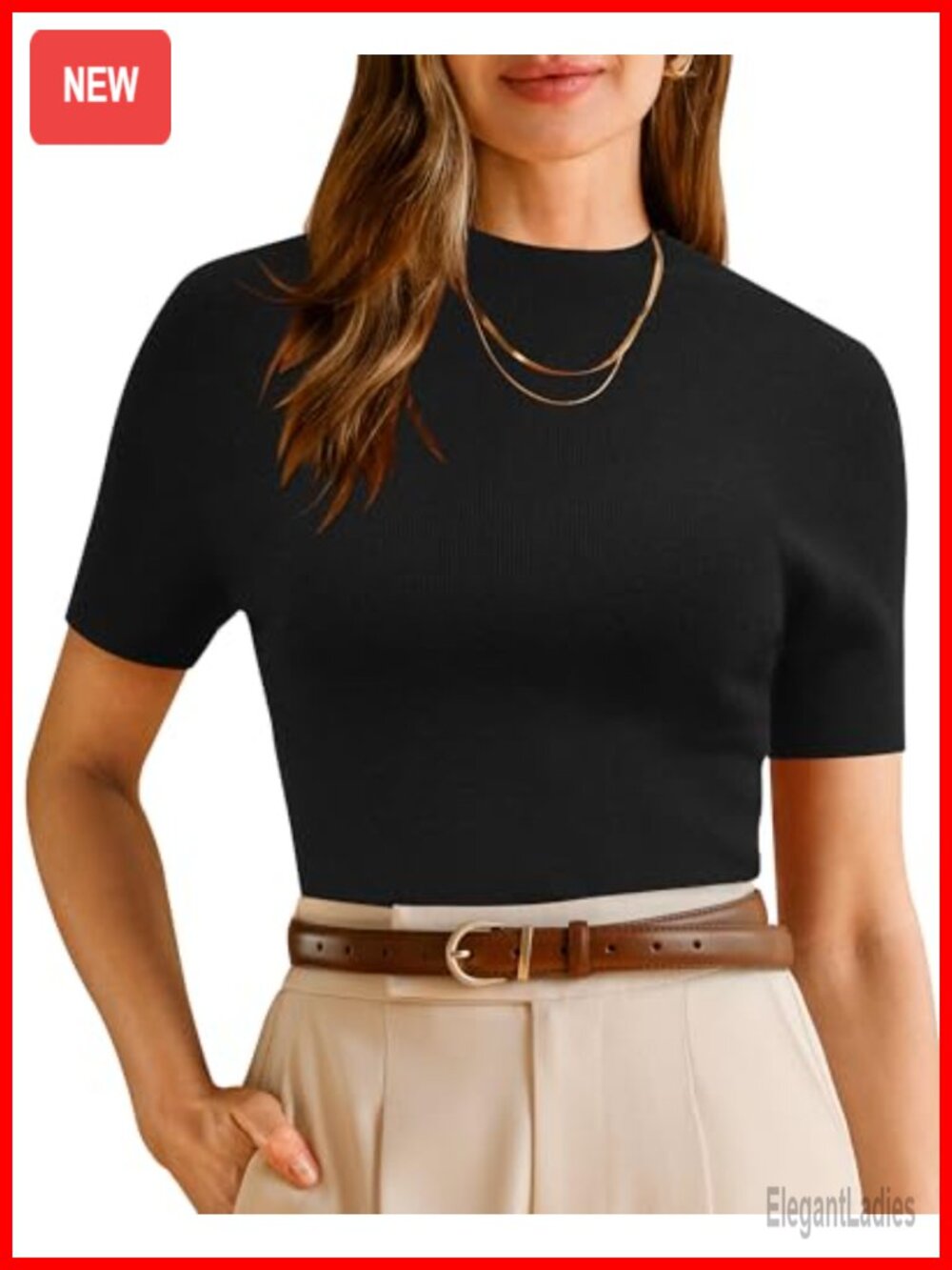 Wool Blend Mock Neck Short Sleeve Sweater Slim Fit Business Casual Top